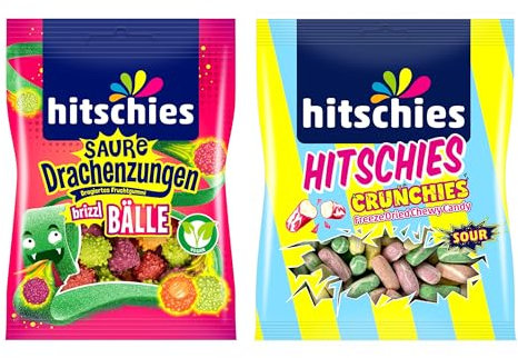 2er Set: Hitschies Crunchies Sour Mix 75g + Saure Drachenzungen Brizzl Bälle 100g | Knusprig, sauer & fruchtig!