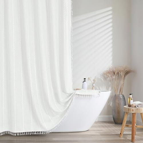 meioro Gestreifter Duschvorhang Boho Bauernhaus Duschvorhänge, Leinen gewebter Stoff Textil Duschvorhang Set mit 12-Haken, Wasserdicht Rustikale Böhmische Duschvorhange für Badezimmer(Weiß,183x198cm)