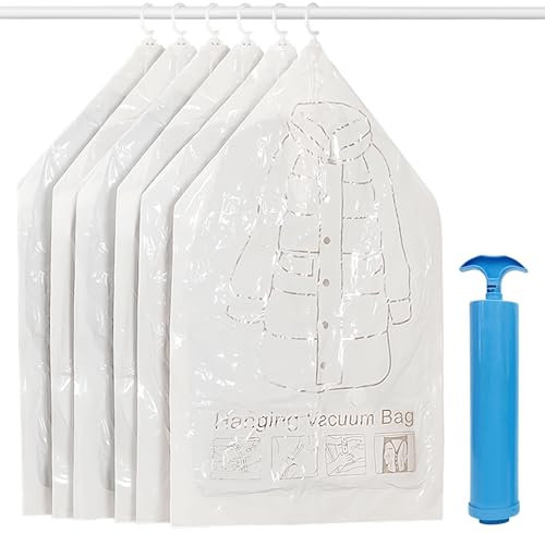 Druuzyl 6 bolsas de vacío colgantes 110x70cm para ropa - con bomba manual, ahorra 75% espacio en armario - organizador estacional para abrigos/vestidos