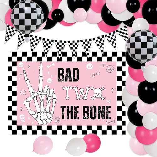 Party-Dekorationen zum 2. Geburtstag, Motiv: Bad Two The Bone, Party-Dekorationen, Musik-Themen-Dekorationen für Skelett-Rock-and-Roll-Geburtstagspartys