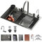 JUNFUNNLE 68×45cm Fregadero Cascada Acero Inoxidable 1 Seno Negro, 5 Agujeros Integrados Superficies + Grifo Multifuncional, Kit Accesorios para Cocina Profesional