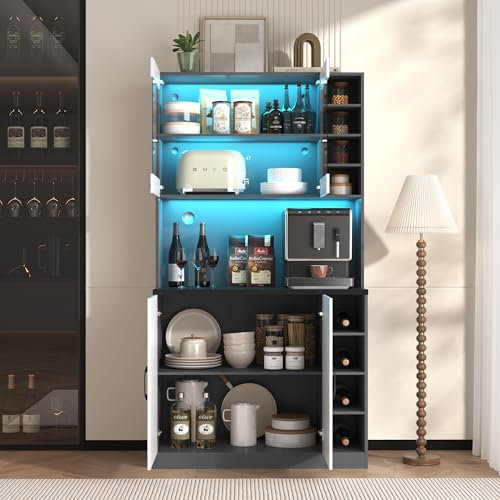 100 x 47 x 187 cm, armario de cocina, buffet con iluminación LED ambiental y agujeros para cables, tablero de cocina de madera, gran espacio para microondas, independiente, estantes laterales