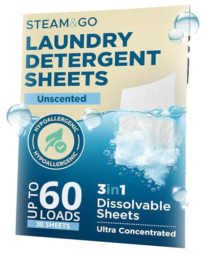 Steam & Go 3-in-1 Dissolvable Laundry Detergent Sheets - Hypoallergenic & Fragrance-Free - Unscented, 30 Count