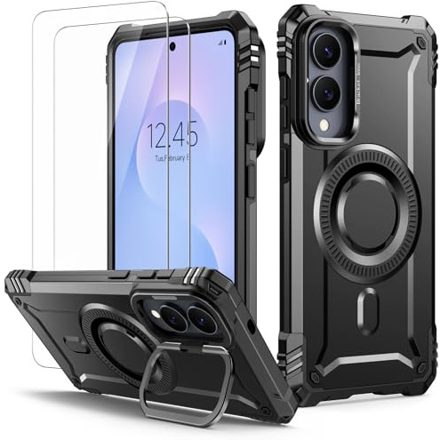 Lanhiem für Samsung Galaxy S25 Edge Hülle,Kamera Ständer,Magnetisch-Schwarz | mit 2 Stück Panzer Glas für MagSafe, Handyhülle für Samsung S25 Edge Case Stoßfest Schutzhülle Militärschutz Panzerhülle