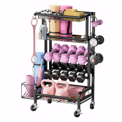 Yoga Matte Regal, Yogamatte Organizer für Hanteln, Multifunktionaler Hantelständer für Kurzhanteln, Yogamatten, Kettlebells und Yoga-Blöcke mit 4 Universalrädern für Zuhause, Fitnessstudio