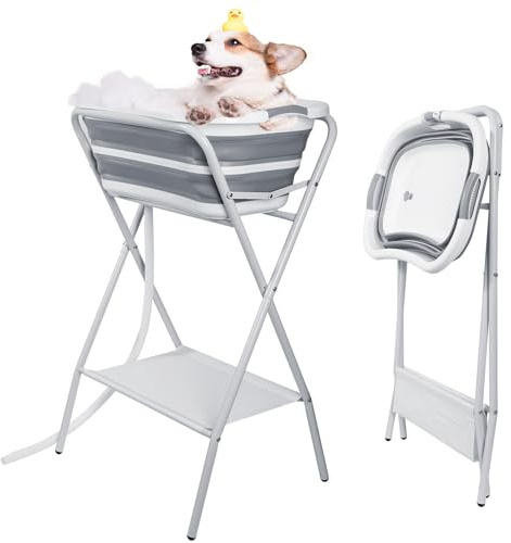 【Haustier Hundebadewanne Faltbar】2 in 1 Tragbare Hundewaschstation, Waschstation für die Fellpflege mit Abfluss und Ablage, Hundedusche für kleine bis mittelgroße Hunde Katzen Haustier, drinnen und