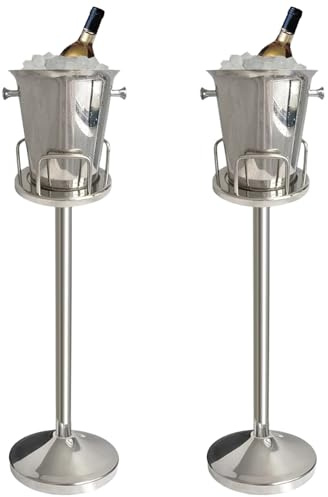 PLDDY Champagnerkühler auf Standfuß Eiskübel mit Ständer Edelstahl StandEiskübel Eiswürfelbehälter Kühler Chiller mit Tragegriff für Wein Champagner Bier KTV Clubs Bar Partys, 5L (90cm, Silber)