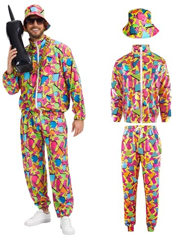rumnigh 80er 90er Jahre Herren Retro Hip Hop Trainingsanzug | 80s Fancy Jogginganzug Sportanzug Bestehend aus Jacke, Hose und Mütze Passend Halloween Karneval