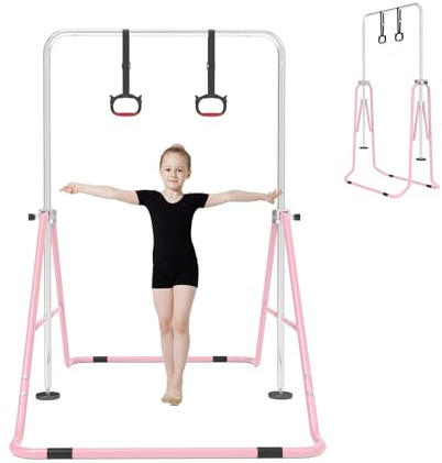 SportBob Barra de Gimnasia para Niños, Altura Ajustable y Plegable – con Anillos, Barra Horizontal para Interior, Equipo de Entrenamiento en Casa para Niñas y Niños