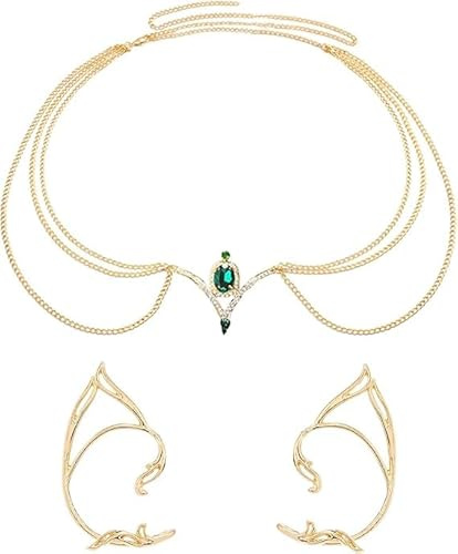 Sdhgerh Boho Kopfkette Schmuck Damen Set mit 1 Paar Elfenohren, Feenkostüm Festival Zubehör, Goldener Elfen Kopfschmuck für Halloween Karneval Cosplay und Mottoparty