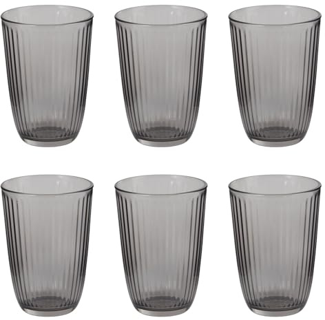 BUTLERS 6er Set Trinkgläser 390 ml Klarglas - LINEE | Farbe Grau - Wasserglas für Limonaden & Säfte - Universalglas für Softdrinks & Cocktails - Rillenstruktur
