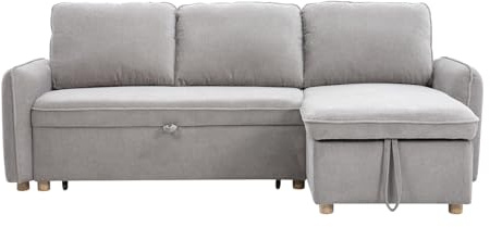 Miliboo Ecksofa, ausziehbar, wendbar, mit Truhe, 3-Sitzer, Chenille-Stoff, Grau und helles Holz, Orso