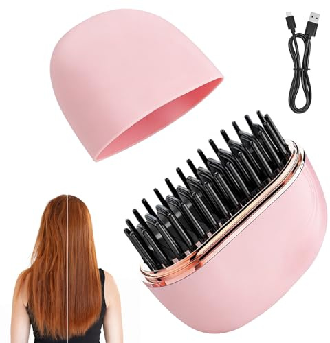 Mini Peine Alisador de Cabello,2 en 1 Peine Alisador Inalámbrico, Portátiles Peine Alisador,Control de Temperatura 3 Velocidades,Calentamiento Rápido 30 Segundos,para Cabello Liso y Rizado (Rosa)