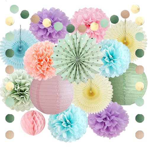 Party Deko Frühling Papier Regenbogen Party Deko Pastell Pompoms Grün Salbei Blau Gelb Lila Pastellrosa Papierfächer Kit für Pastell Geburtstag Hochzeit Babyparty JGA Deko Junggesellinnenabschied