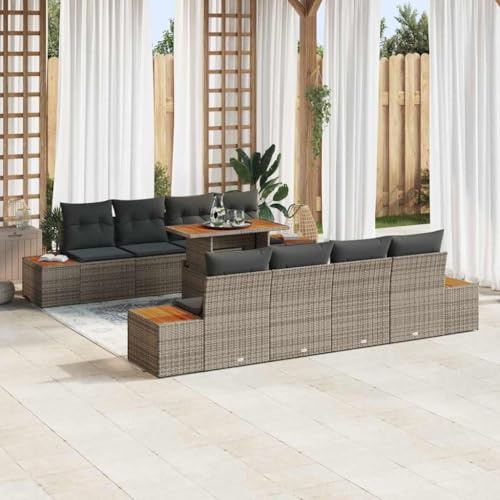 Fangmaliuyun 9-TLG. Outdoor Dining Lounge Set Grau Braun 100x55x73 cm Modular Poly-Rattan Akazienholz Ecksofa mit Stauraum für Garten Terrasse und Balkon