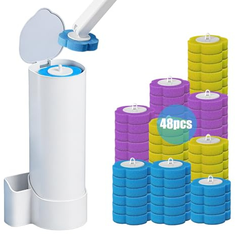 zxevg Disposable Toilet Brush & Holder Set with 48 Refills (1) | Bathroom cleaning brush kit with shower tool for sink & bathtub. Silicone handle, limescale remover, disposable refill heads