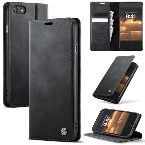 Cracedily Wallet Case for iPhone SE 3/2 Leather Wallet Flip Cover with Card Holder, Kickstand, Magnetic Closure, RFID Blocking TPU Shockproof Phone Case Compatible with iPhone 8/7/6, Black