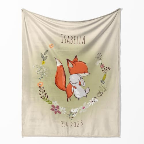 fotobar Kuscheldecke mit Namen – Fuchs und Hase, 125 x 155 cm, für Kinder | Mit Wunschnamen, flauschiger Fleece ca. 265 g/m², Öko-Tex Standard 100, in Deutschland bedruckt