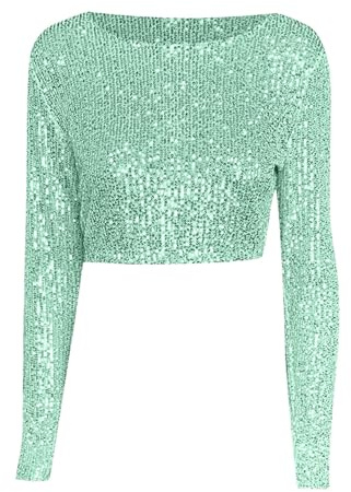 Generisch Women Sexy Long Sleeve Sequin Top, Mint Green, L