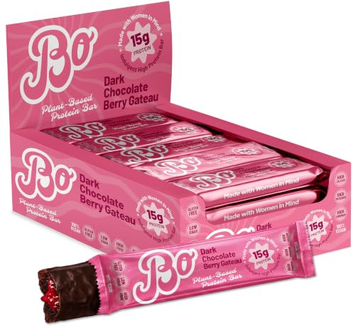 Bo Protein Bars – Soft-Baked Vegan Snack Bars with Added Minerals, 15g Protein, Low Sugar & High Fibre – Plant-Based, Gluten-Free & Non-GMO – Dark Chocolate Berry Gateau Dessert Flavour, 12 x 55g