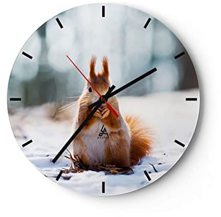 Modern Wanduhr Eichhörnchen Winter Schnee Essen 40x40cm Rund Groß Wand Uhr Glas Analog Zimmeruhren Küche Büro Wohnzimmer Glasuhr Wall Clock Dekoration Design Wanddekoration Küchenuhr C3AR40x40-2798