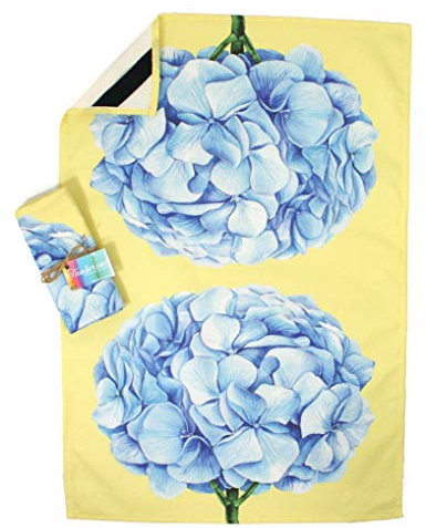 Lily Tangerine exclusive and unique 100% cotton tea towel. Bright, fun and colourful animal and floral prints. Made in the UK. 70x50 cm approx. Includes diagonal hanging loop. (Hydrangea)