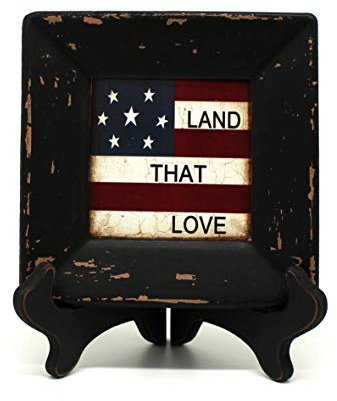 CVHOMEDECO. Primitives Country American Flag Decorative Plate with Rack Square Display Wooden Plate Home and Office Décor Art, 6 X 6 Inch (Land That Love)