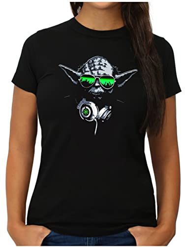 OM3® DJ-YODA T-Shirt - Damen - Deejay Headphones Party Club Music Beat Turntables - L, Schwarz