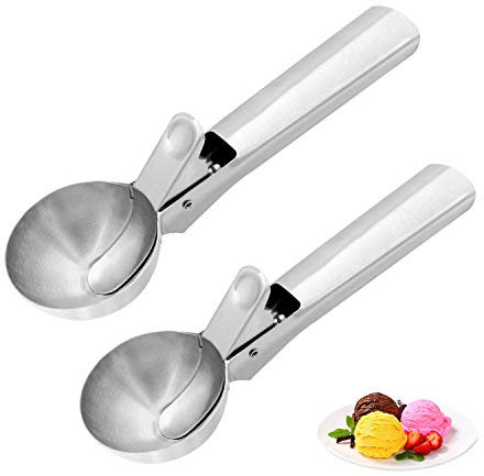 Ice Cream Scoop Set, Stainless Steel Icecream Spoons with Trigger Release, Cookie Dough Scoopers for Baking Melon Ball, Cupcake, Meatball, Muffin (2 PACK)