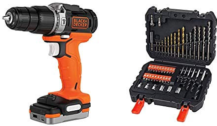 BLACK+DECKER BDCHD12S1-XJ - Taladro Percutor 12V con batería litio 1.5 Ah, incluye cable USB de carga + A7188 - Set de 50 piezas con brocas y puntas para atornillar y taladrar