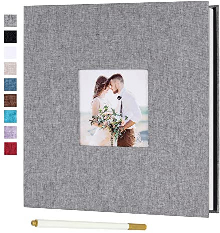 RECUTMS Self Adhesive Photo Album Large Scrapbook Album Magnetic 40 Pages Linen Hardcover with A Metallic Marker Pen Wedding Gift Valentines Day for Couples (Grey, Large)