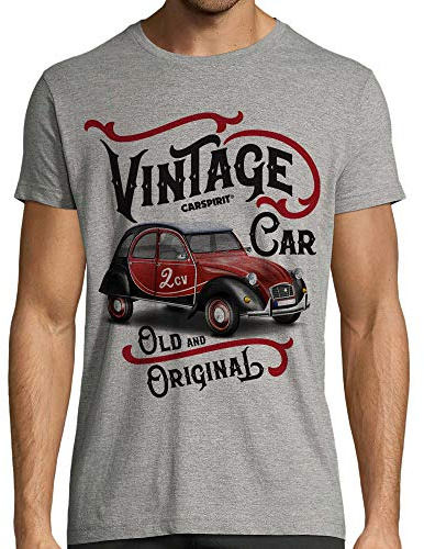 CARSPIRIT T-Shirt 2CV Homme, Gris Chiné, Coupe Ajustée, 100% Coton