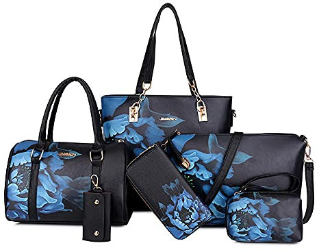 Himlaya Leder Handtasche Set Damen Mittelgroß 6er Set, Elegant Umhängetasche Henkeltasche +TaschenTote Bag Geldbörse + Kartenhalter Shopping Tasche Geschenk Reise Bags (Schwarz,6pcs)