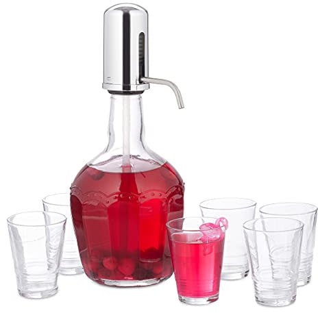 Relaxdays Distributeur d’Eau, Set Pratique avec 6 Verres, Pompe Manuelle, Fontaine à Boissons 2,4 litres, Transparent