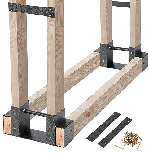 MOFEEZ Kaminholz-Aufbewahrungsregal für den Außenbereich, 2 x 4 Halterungen, Kaminholz-Aufbewahrungshalter, verstellbar auf jede Länge – Silberschwarz, zwei Standfüße