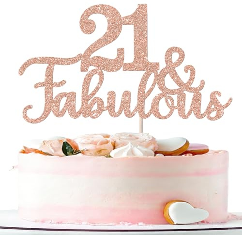 SYKYCTCY 1 PCS Happy 21st Birthday Cake Topper Rose Gold Glitter Cheers to 21 Cake Toppers Twenty 21 Fabulous Cake Pick Decorations for 21st Wedding Anniversary Birthday Party Supplies