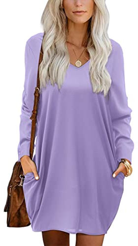 Beluring Robe Femme Automne Col V Robes Manches Longues Tunique Casual Robe Chemise avec Poches Violet L