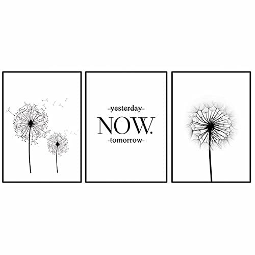 Yesterday Now Tomorrow Motivierendes Zitat Poster Wandkunstdruck minimalistisch schwarz weiß Pusteblume Drucke Leinwand Gemälde Wohnzimmer Dekor rahmenlos 30 × 40 cm × 3 Stück