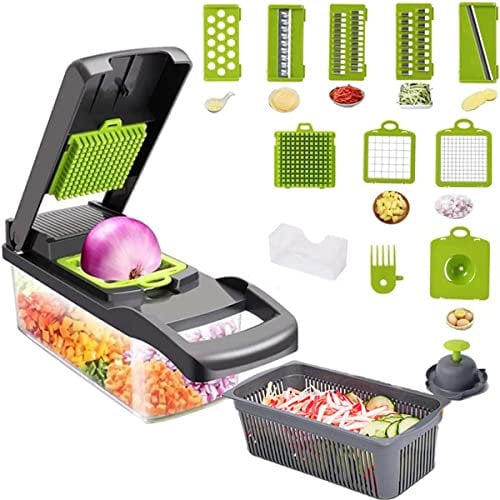 MEKY Vegetable Chopper, 12 in 1 Onion Mincer Chopper Dicer Mandoline Slicer, Fruit Food Spiralizer Cutter,Veggie Slicer Manual for Garlic, Cabbage, Carrot, Potato,Salad, Green (12-GREY)