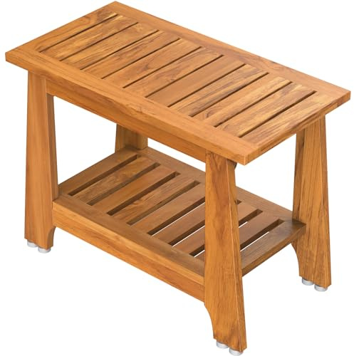 NNN 24 Commercial Heavy Duty Teak Shower Bench, Patented, Non-Slip Stable | with 8 Japan-Made Non-Slip Leveling Feet, Mortise-Tenon Legs 350lb, Pre-Oiled European Teak Oil, Marine-Grade Hardware