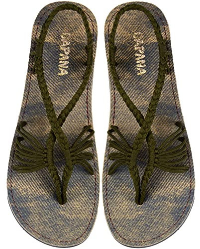 Capana Damen Flache Kork Sandalen Riemchen Geflochten Bohemian Strand Sandalen Frühling Freizeitschuhe Bequeme Boho Flats für Teen Girls Cocoon, Oliv/Blatt für mich (Leaf It to Me), 39.5 EU