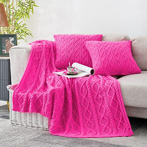 Homiest Hot Pink Cable Knit Throw Blanket Set of 3, 50x60 Blanket & 2x18x18 Pillow Covers, Soft & Cozy Acrylic Blanket for Couch, Bed, Sofa