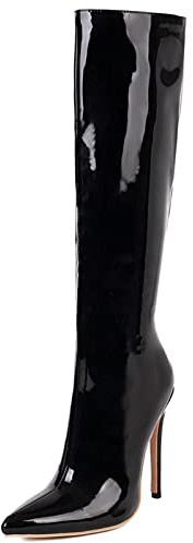 Joliss Damen Höhe Ferse Kniestiefel Damen Reißverschluss Kniestiefel Damen Pointed Toe Kniestiefel Damen Abend Kniestiefel Schwarz Gr 44 EU/46Cn