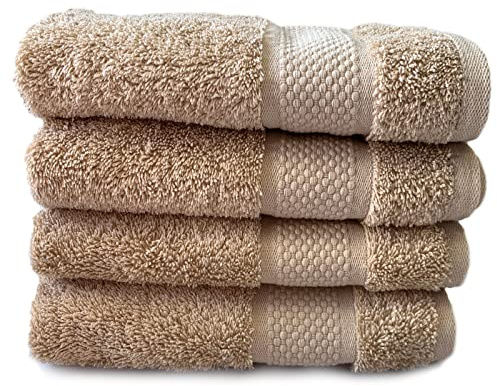 Sue Rossi Organic Turkish Cotton Guest Towels Set Of 4, Kitchen Or Bathroom Pack, Size 30cm x 50cm, Soft, Fluffy & Absorbent 600gsm Towel (Camel, 4)