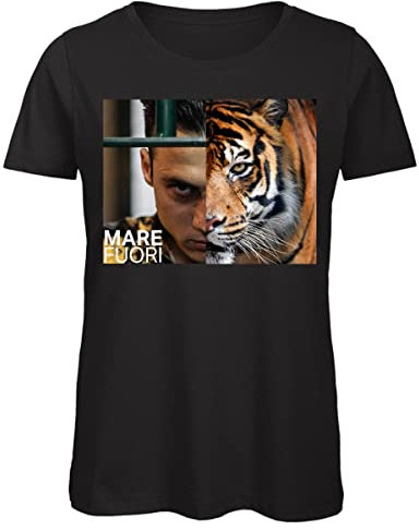 Bughyprint Tshirt Maglia Maglietta Cotone Donna Casual Girocollo Mare Fuori Fiction CE Sta O Mar for Tiger, XL