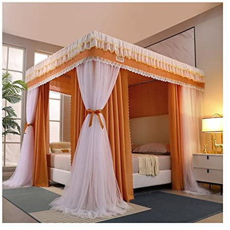 Betthimmel Betthimmel-Moskitonetz im Hofstil for Doppelbett, Mädchen-Prinzessinnenzimmer, romantische Schlafzimmerdekoration, 4 Eckpfostenbettvorhänge (Color : Yellow-B, Size : 180X220X200CM)