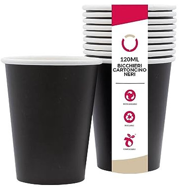 DOT Horeca Solutions 50 Bicchieri NERI in cartoncino 120 ML carta monouso usa e getta acqua caffè the cappuccino cioccolata bicchiere nero bevande calde biodegradabili compostabili e riciclabili