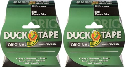 Duck Tape Original Black, 50mm x 50m. The original high strength waterproof gaffer and duct adhesive cloth repair tape (Pack of 2)