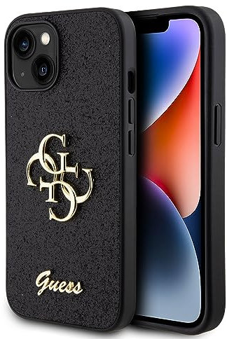 GUESS GUHCP15SHG4SGK Case for iPhone 15 6.1 Inch Black Hard Case Glitter Script Big 4G