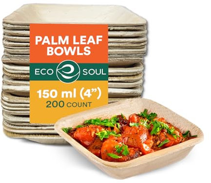 ECO SOUL 200 Disposable Palm Leaf Mini Bowls, 4 (5oz) 150ml, Square Compostable Dessert Bamboo Bowl | Sturdy Eco Friendly, Biodegradable Heavy-Duty Bamboo Salad Bowl for Hot & Cold Food